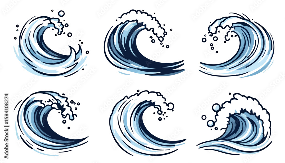 Poster dynamic vector illustration showcasing a collection of stylized water splashes and waves, perfect fo