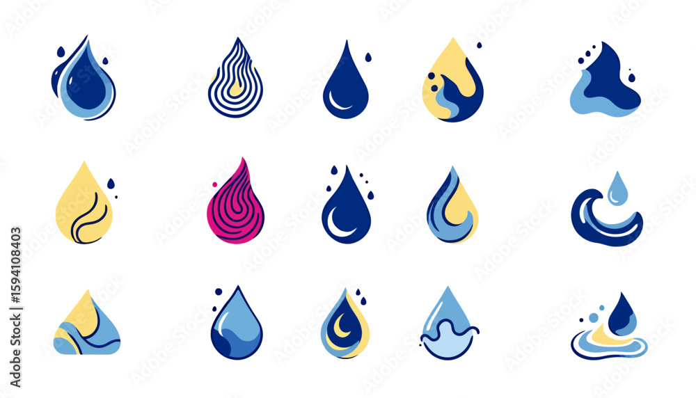 Aufkleber a diverse collection of stylized water drop vector icons featuring dynamic splashes and fluid shapes