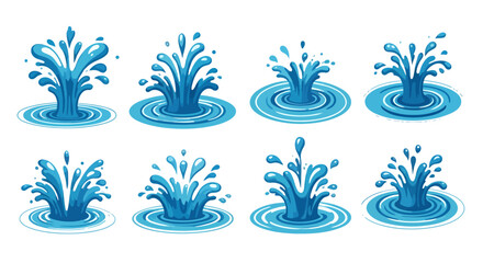 Fototapeta premium A collection of vibrant blue water splashes with dynamic ripples, depicted in a clean vector style, perfect for various graphic design projects.
