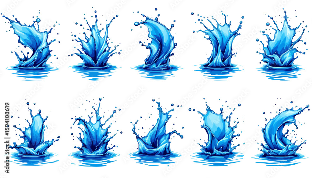Poster dynamic vector illustration featuring a collection of vibrant blue water splashes in various shapes 