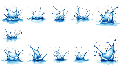 Dynamic collection of realistic water splashes and liquid drops in various shapes and sizes, perfect for design elements and motion graphics.