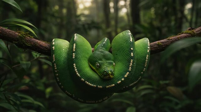 Vibrant Green Tree Python Perched on Branch in Tropical Forest Detailed Close Up Reptile with Scales and Bright Eyes in Natural Wildlife Setting