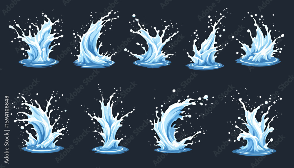Poster collection of dynamic water splash illustrations in vector format, perfect for design projects needi