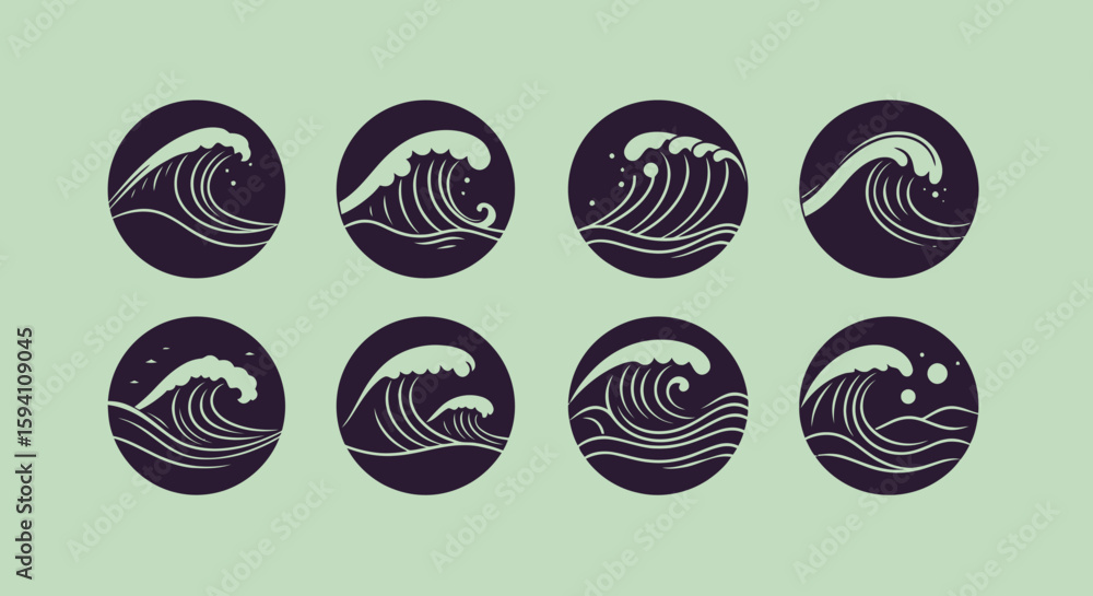 Poster a collection of eight minimalist vector icons depicting stylized ocean waves and dynamic water splas