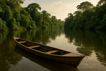 Serene Wooden Boat Gliding Through Tranquil River Surrounded by Trees