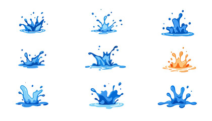 Dynamic collection of nine distinct water splash illustrations in various blue and orange hues, perfect for graphic design elements.