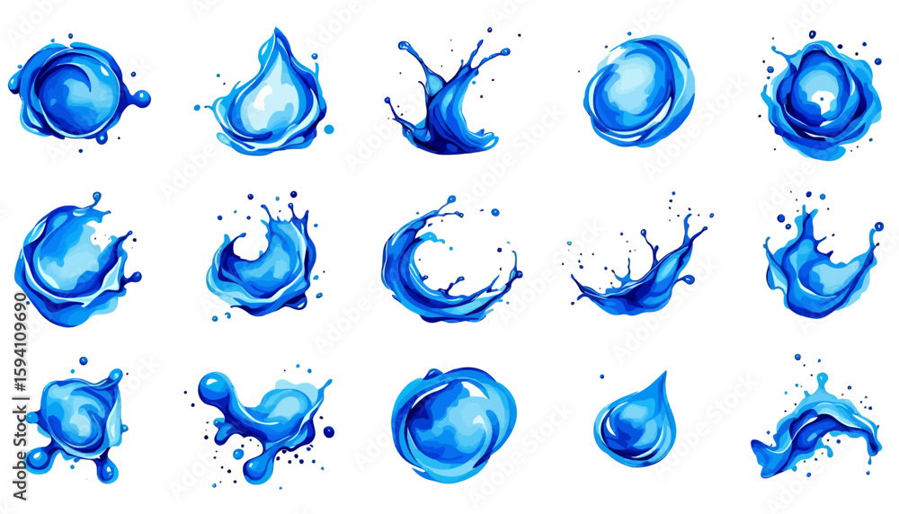 Poster collection of vibrant, dynamic water splash vector illustrations, rendered in transparent png format