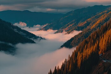 Obraz premium Misty mountain valley at sunset