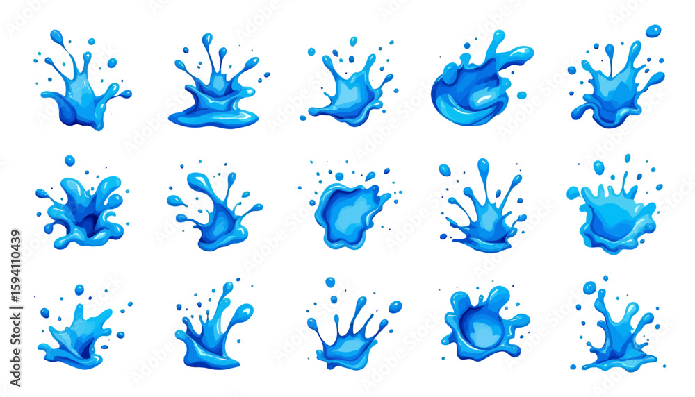 Poster collection of vibrant blue water splashes and droplets, rendered in a dynamic vector graphic style w