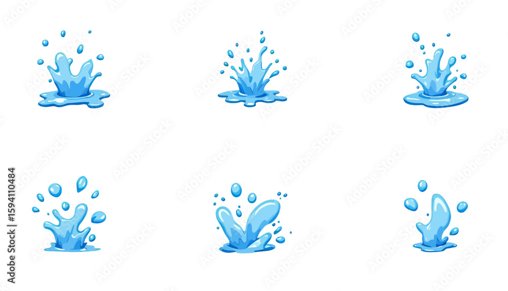 Poster a set of six vector illustrations depicting dynamic water splashes in various forms, perfect for des