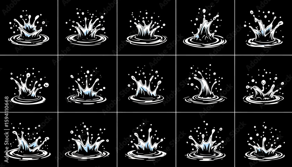 Poster a collection of vector-based water splash illustrations, each showcasing a unique droplet impact and