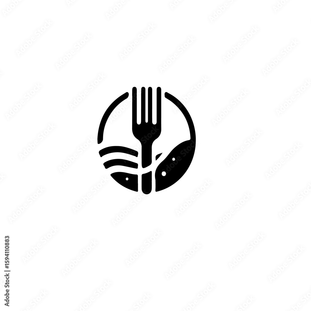 Poster a simple black and white logo design featuring a fork inside of a circle shape