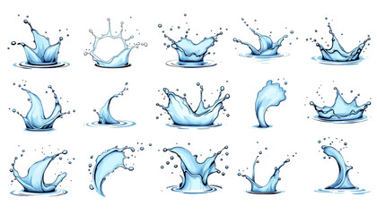 Fototapeta premium A collection of various dynamic blue water splashes and liquid drops creating ripples, isolated on a clean white background for graphic design.