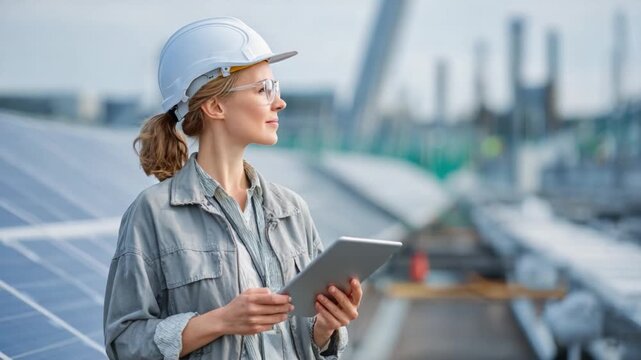 Female Engineer Inspecting Solar Panels: A focused female engineer, clad in a hard hat, thoughtfully examines solar panels with a tablet, embodying innovation in renewable energy solutions.