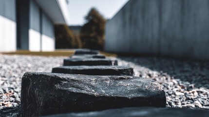 Dark stones form a pathway in a modern landscape.
