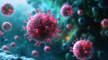 3D medical illustration of lymphocytes and immune system components. Abstract microscopic view showing immune defense cells, biology concepts, and immunology research visuals.
