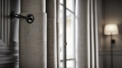 Closeup of a linen curtain with a decorative rod.
