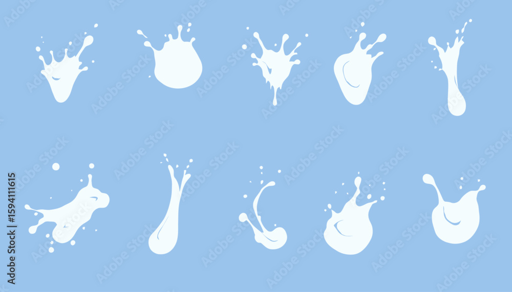 Poster isolated vector set of dynamic water splashes in various shapes against a light blue background, per