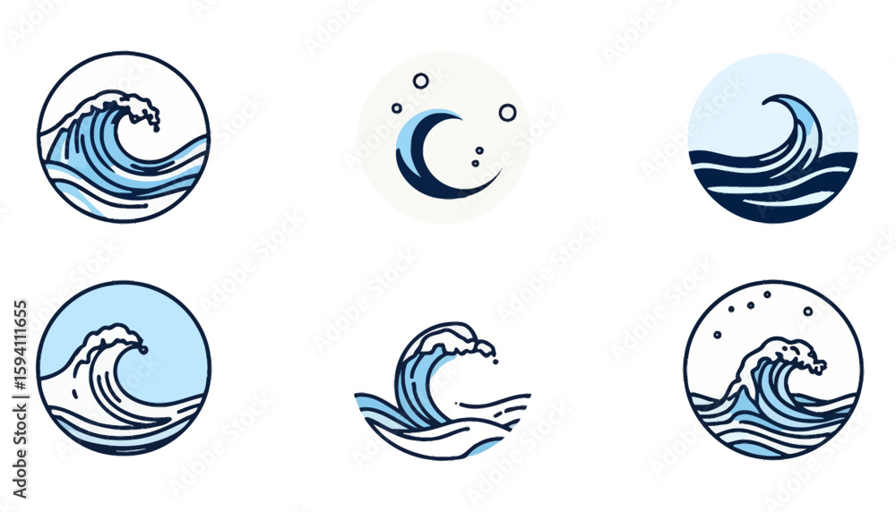 Poster set of stylized wave icons in a circular frame, showcasing dynamic water splashes and ocean crests w