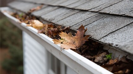 Dry autumn leaves are clogging a house gutter.