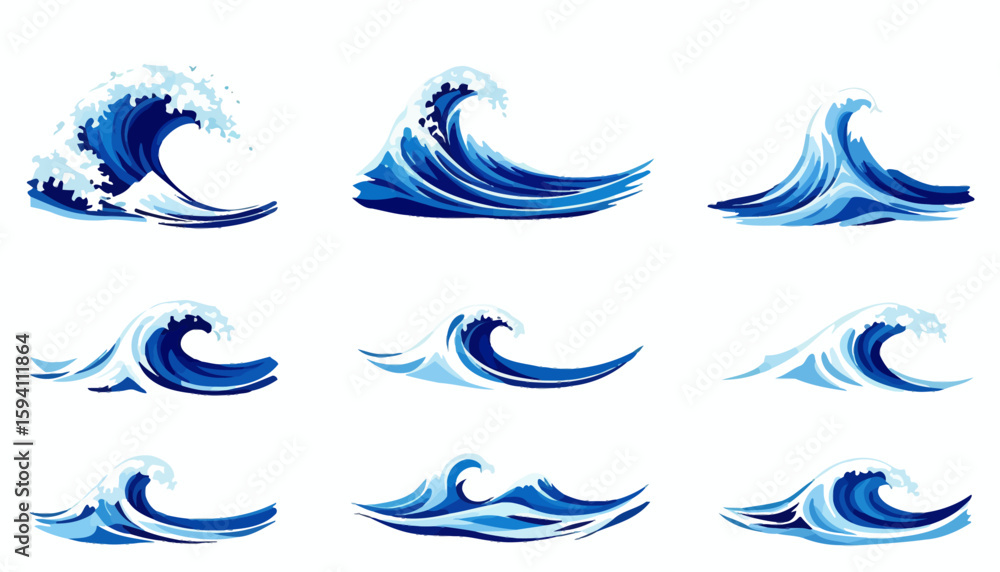 Poster high-quality vector png illustrations of stylized ocean waves, perfect for adding a dynamic aquatic 