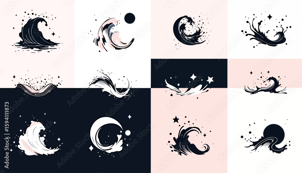 Aufkleber a collection of vector water splash illustrations in a minimalist style, featuring dynamic wave desi