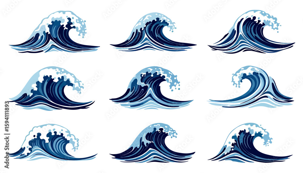 Poster dynamic vector illustration showcasing a vibrant collection of water splashes and waves, perfect for