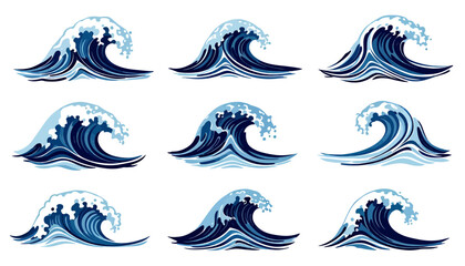 Obraz premium Dynamic vector illustration showcasing a vibrant collection of water splashes and waves, perfect for adding a refreshing touch to marine-themed designs and digital artwork.