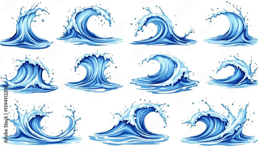 Poster a collection of dynamic water splash vector illustrations, showcasing various wave forms and droplet