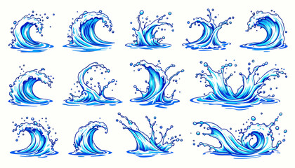 A collection of vibrant blue water splash vector illustrations, perfect for adding dynamic elements to designs, ideal for aquatic themes and creative projects on a clean white background.