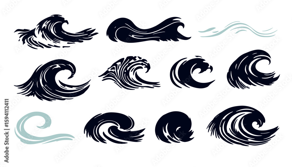 Poster a collection of dynamic vector illustrations showcasing water splash effects, perfect for graphic de