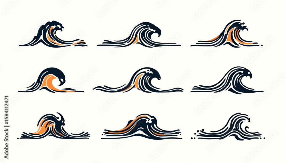 Poster a collection of dynamic, stylized wave illustrations in a graphic vector art style, showcasing diffe