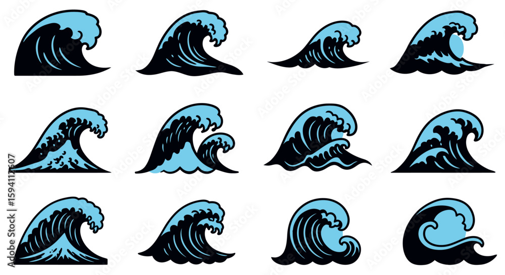 Poster a dynamic collection of twelve stylized vector illustrations depicting crashing ocean waves with blu