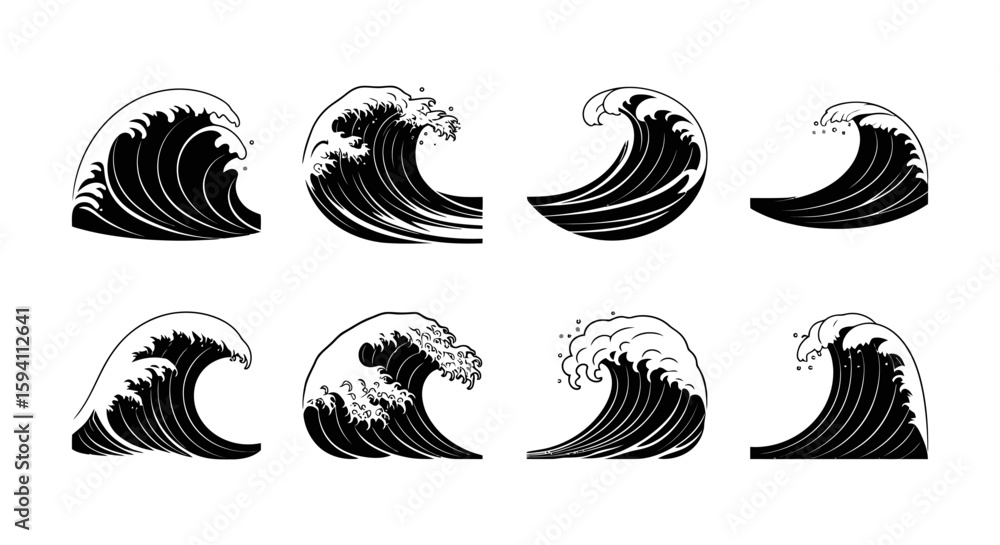 Poster a set of eight vector illustrations showcasing water splash designs in a monochrome style, perfect f