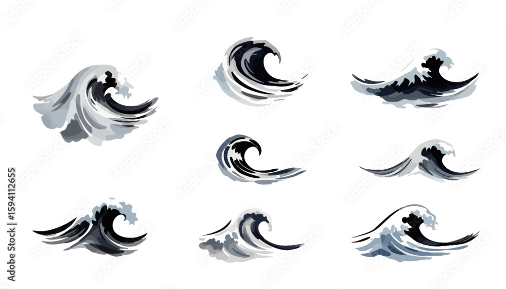 Poster dynamic collection of vector water splashes and waves, rendered in high-resolution png format, perfe
