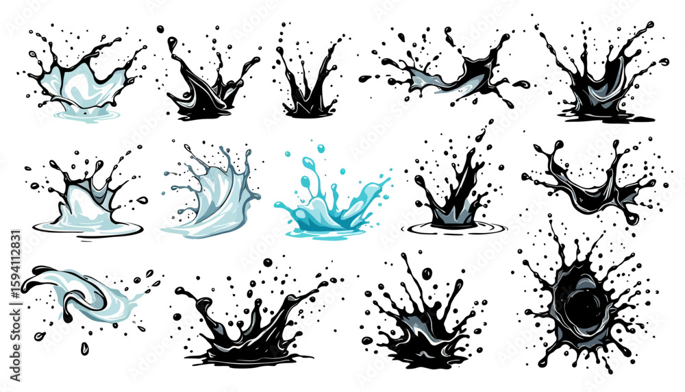 Poster dynamic collection of liquid splashes and droplets in various forms, captured in vector graphics wit