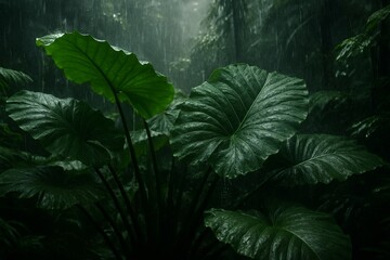 Rainy Jungle Scene with Lush Green Leaves in Nature's Embrace