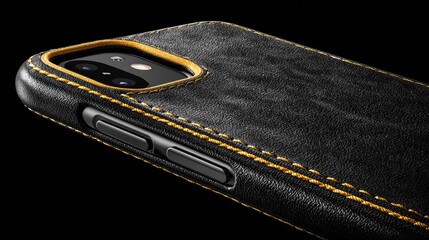 Close-up view of a black leather phone case with gold stitching.