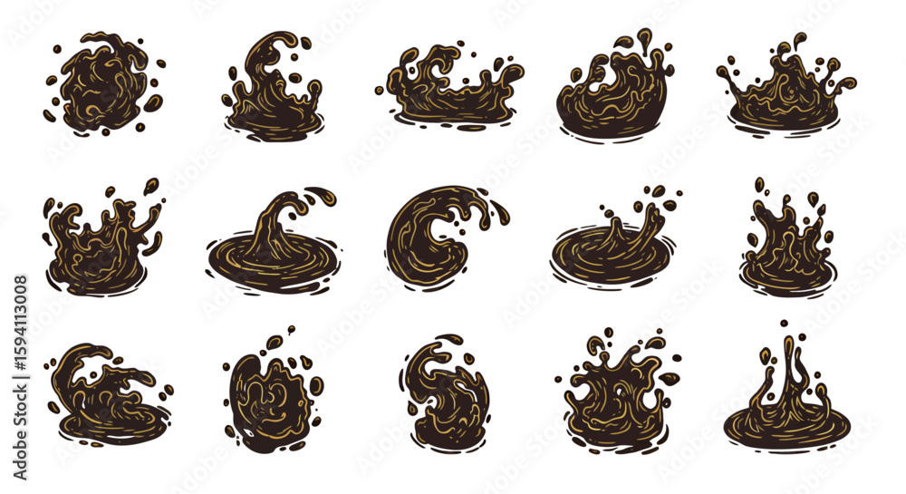 Poster dynamic collection of various brown liquid splashes and droplets in motion, isolated on a white back
