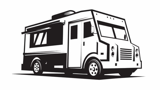 Illustration of a food truck with awnings, wheels, door, and windows in black and white style silhouette