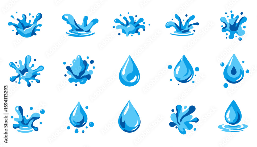 Poster a collection of dynamic blue water splash vector illustrations, showcasing various droplet shapes an