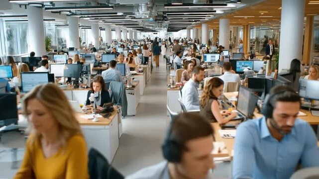 Vibrant Office: A bustling modern office space filled with diverse individuals, absorbed in their tasks, illuminated by natural light, creating an ambiance of collaborative productivity. - Powered by Adobe