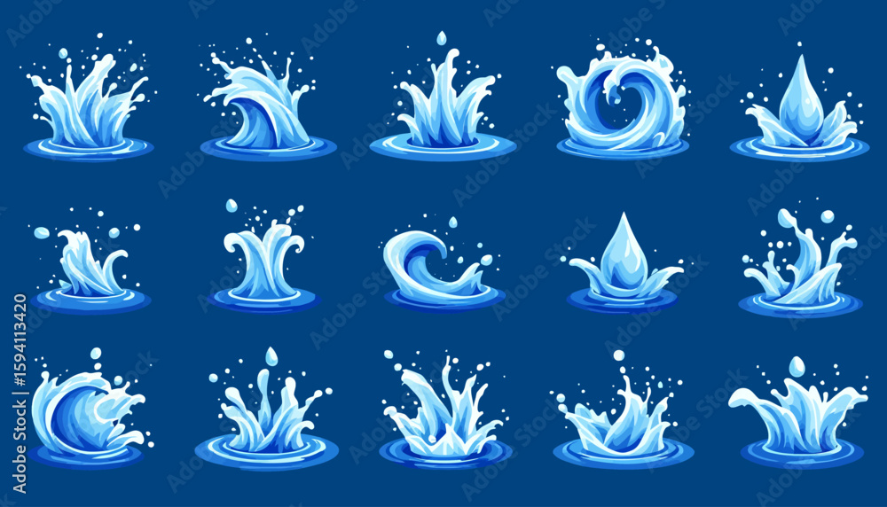 Poster a collection of dynamic water splash vector illustrations, rendered in a clean, modern style, perfec