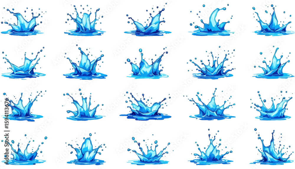 Poster dynamic collection of vibrant blue water splashes and droplets, captured in various artistic forms f