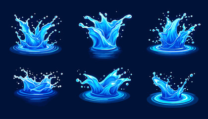 Fototapeta premium A vibrant collection of vector water splashes, rendered in high-resolution PNG format, showcasing dynamic movement and refreshing aquatic elements against a dark backdrop.
