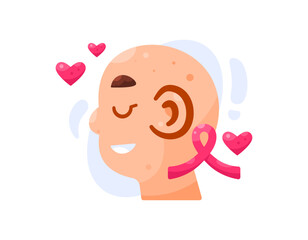 A concept of awareness and support for cancer patients. Illustration of a bald head with a pink ribbon and a heart symbol. care and health. Flat style. Asset elements. World Cancer Day