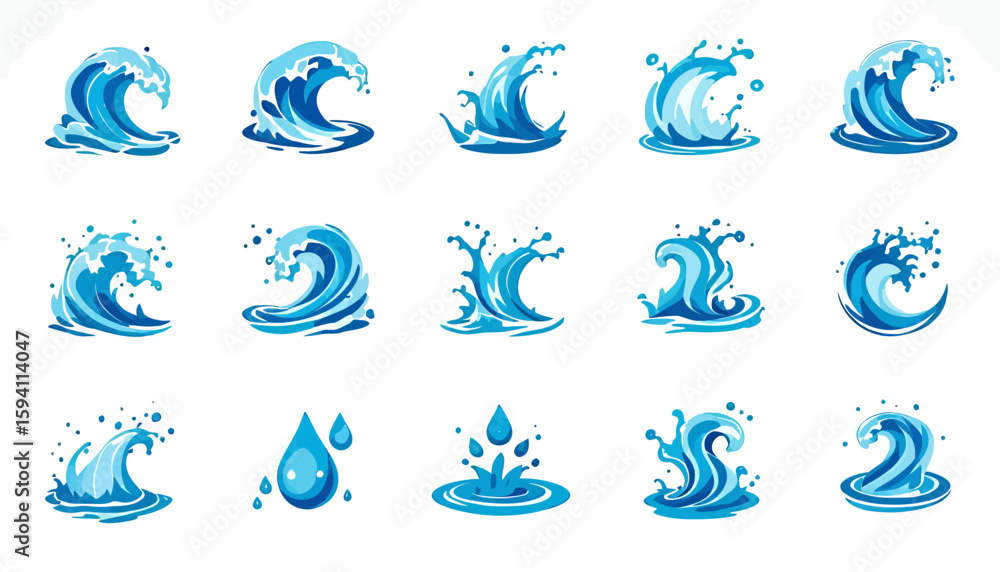 Poster high-quality vector png illustrations of various water splashes, perfect for web design, print, or a