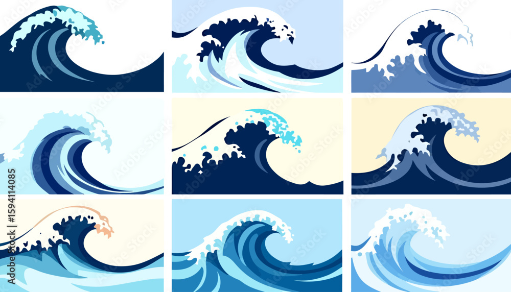 Poster collection of vector illustrations showcasing dynamic water splashes and waves in varying styles and