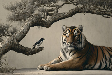 Peaceful Scene of a Tiger and Bird in Traditional Composition