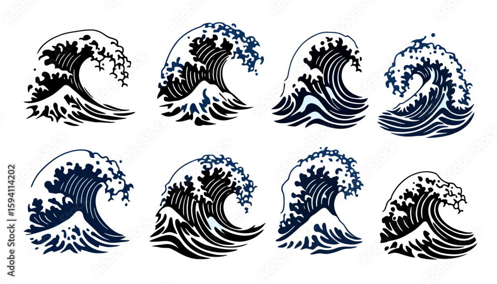 Poster a dynamic collection of vector water splash illustrations in png format, showcasing various wave sha